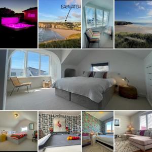 马根波思Baywatch Mawgan Porth Spacious Home sleeps 9, Games room, Parking & Garden的卧室和海滩照片的拼合