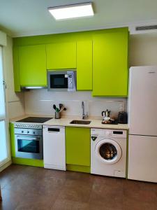 阿维莱斯Los Caños de Rivero, con GARAJE y WIFI, VUT-4366-AS的厨房配有绿色橱柜和洗衣机。