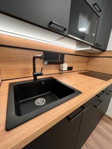 埃朗根KoldeApart nahe Siemens Campus的厨房配有黑色水槽和微波炉