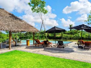贝鲁沃勒Villa Cinnamon Nature的一个带椅子和遮阳伞的庭院和一个游泳池