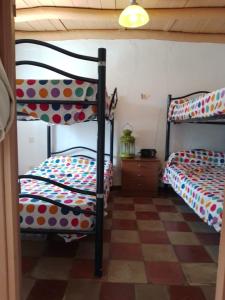 塞维利亚La casita en la Alcornocosa -Sevilla的一间卧室设有两张双层床和一张可调节的地板。