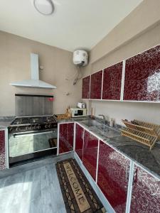 尼兹瓦Nizwa Park House Apartment的一间带红色橱柜和水槽的厨房