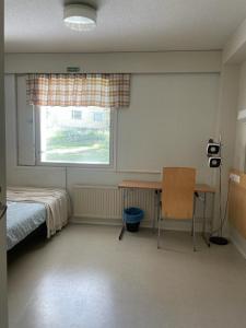 YlöjärviVoionmajoitus Soihtu的一间卧室配有一张床、一张书桌和一个窗户。