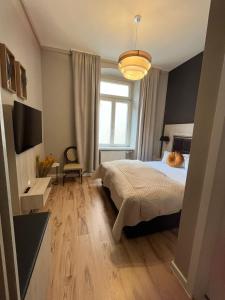 海德堡丹纳酒店的一间卧室设有一张床和一个大窗户