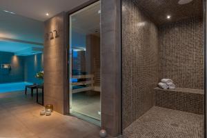 莱热Annapurna by Alpine Residences的带淋浴的浴室和玻璃门