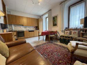 平佐洛Appartamenti Casa Albi的带沙发的客厅和用餐室