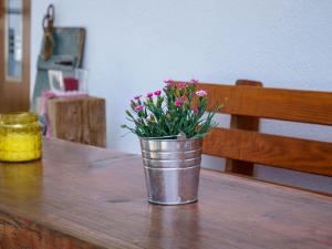 巴特彼得斯塔尔-格里斯巴赫Holderstanzenhof的木桌上装有鲜花的金属桶