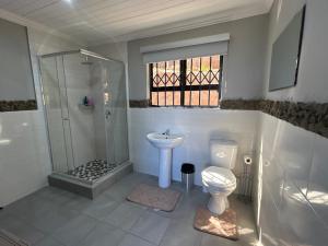 阿曼济姆托蒂The Bush Baby Accommodation的浴室配有卫生间、淋浴和盥洗盆。