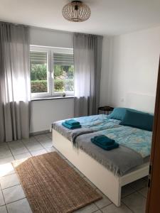 科布伦茨Moselidylle und Cityflair - Ferienwohnung Beth的一间卧室设有一张床和两个窗户。