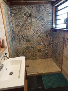 圣勒Bungalow écologique avec toilettes sèches LEU KABANON vue mer的一间带水槽和淋浴的浴室