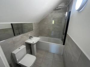 布里斯托Beautiful apartment in Frampton的浴室配有卫生间、盥洗盆和浴缸。