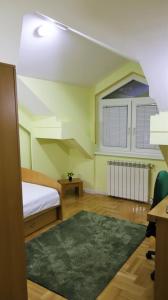 斯科普里Spacious and quiet apartment的一间卧室配有床和绿色地毯