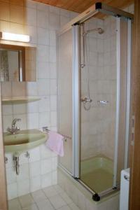 Finkenbach加斯特霍夫促特劳伯酒店的带淋浴和盥洗盆的浴室