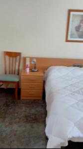 穆尔西亚Hotel restaurante Palacio Fes的一间卧室配有床、椅子和床头柜