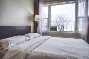 奥里利亚湖滨酒店的一间卧室设有一张大床和大窗户