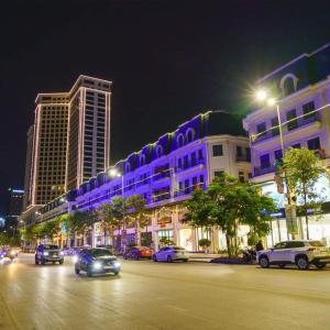 下龙湾Private homestay sea view in Halong center的街道,夜间在建筑物前停车