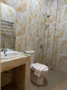 HalanganGRAND PANDAN HOTEL的浴室配有卫生间、盥洗盆和淋浴。