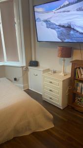 贝克斯希尔Bexhill Stunning 2 bedroom Sea Front Bungalow的一间卧室配有一张床和一台平面电视