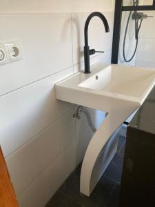 SchwentinentalSchöneWohnung mit eigenem Gsrten und Eingang的带淋浴的浴室内的白色水槽