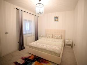 苏恰瓦ASE Premium House的一间卧室配有一张床和一个吊灯
