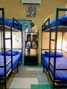 吉隆坡Wakaka Hostel的客房设有2张双层床,配有蓝色床单