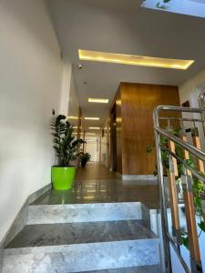 米迪克Luxury SuiteMar的走廊上设有楼梯,墙上设有绿盆