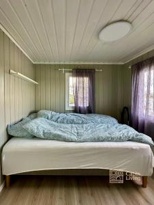 HektnerClose to nature cabin, sauna, Øyeren view, Oslo vicinity的一间卧室配有一张带蓝色床单的大床