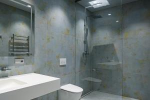 利耶帕亚Roze Peldu Residence的带淋浴、卫生间和盥洗盆的浴室