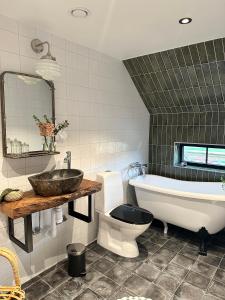 阿灵索斯Boutiquehotell Dahlbogården的一间带水槽、浴缸和卫生间的浴室