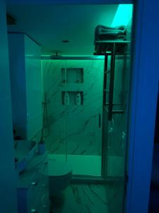 巴涅奥莱Sweet home的浴室设有蓝色灯光玻璃淋浴间