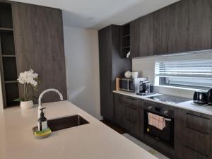 基督城Addington townhouse with carpark 8mins walk to Hagley park south的厨房配有水槽,柜台上提供一瓶葡萄酒