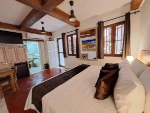 卡塔赫纳Life is Good Cartagena Hostel的一间卧室配有一张大床和一张沙发