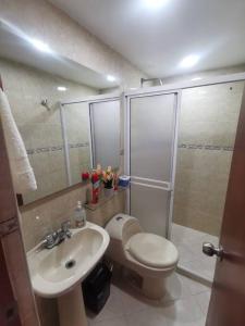 萨瓦内塔Acogedor Apto Parque Sabaneta的浴室配有卫生间、盥洗盆和淋浴。