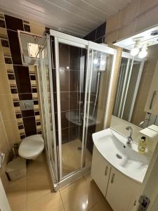 安塔利亚Tas Suites的带淋浴、卫生间和盥洗盆的浴室