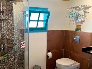 CumalıGüneş Butik Otel Datça的一间带卫生间的浴室和蓝色窗户。