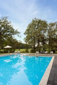 马尔克洛Mooi Twente Lodges - privé Spa en sauna的一个种有树木的大型蓝色游泳池