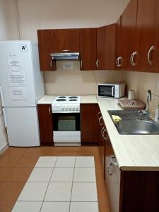 戈莱纽夫Hostel na Fali的厨房配有白色冰箱和水槽