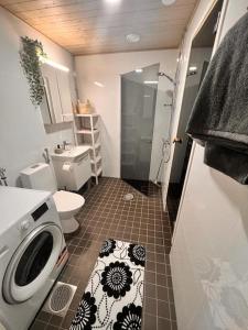 奥卢2 Room / Central Railway / Free parking / Sauna的带淋浴、卫生间和盥洗盆的浴室
