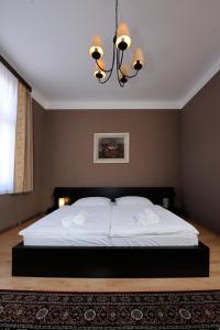 帕尔杜比采兹拉塔斯提卡酒店的卧室配有一张带吊灯的大型白色床。