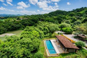 普拉卡海尔Roble Sabana 404 Luxury Apartment Adults Only - Reserva Conchal的享有带游泳池和树木的房屋的空中景致
