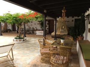 Llanos de la Concepción卡萨阿布鲁拉斐尔酒店的庭院设有藤椅、桌子和树木