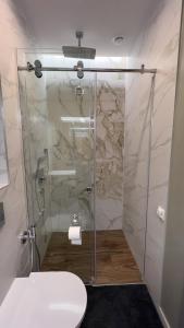 图库姆斯The SiXth的浴室设有玻璃淋浴间和卫生间