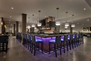 坎顿DoubleTree by Hilton Canton Downtown的餐厅内带蓝色酒吧凳的酒吧