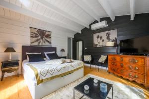 滨海拉库阿尔德La dune du bien etre的一间卧室配有一张床、梳妆台和电视。