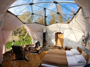 拉克塞尔夫Wild Caribou Dome的一个带一张床和一张沙发的大型帐篷
