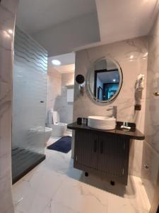 舍夫沙万贝尔肯布鲁公寓式酒店的一间带水槽和镜子的浴室