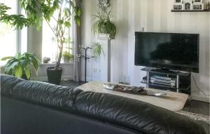 艾尔夫达伦Stunning Home In lvdalen With Sauna的客厅设有一张黑色皮沙发,配有平面电视。