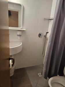 提比里亚Atara Hotel的浴室配有卫生间、盥洗盆和淋浴。