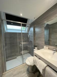 特鲁瓦托耶酒店的带淋浴、卫生间和盥洗盆的浴室