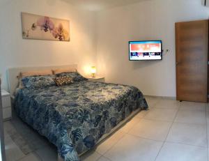 拉古纳Estrella Dominicus con hermosa piscina!的一间卧室配有一张床和一台平面电视
